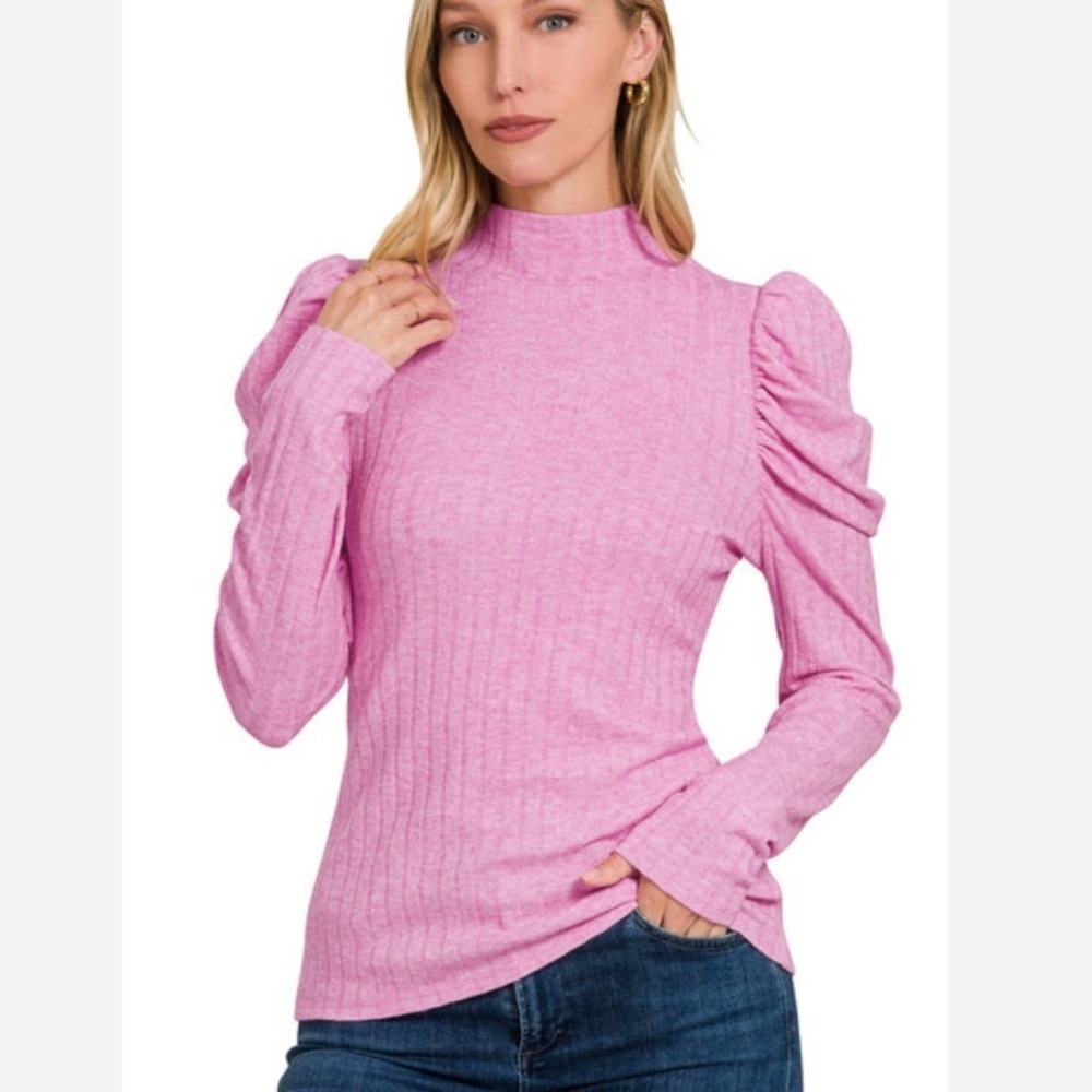 New‎ Zenana Small Light Rose Pink Mock Neck Puff Sleeve Ribbed Top HT-2273Y